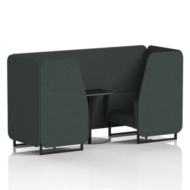 Brixworth 2 Seater Office Booth with Front Panel - Black Legs and Black Table with Black Leg in Rivet Fabric - Charcoal Panels and Sofa