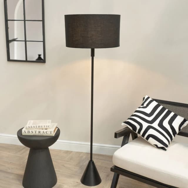 ValueLights ValueLights Mitch Fabric Drum Shade Black Wood Single Stem Triangle Floor Lamp Black One Size Unisex 5059406064586