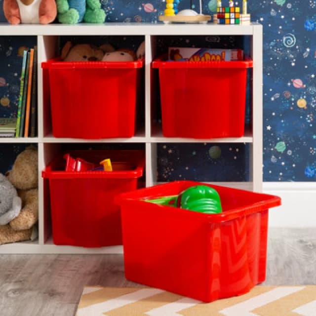 Wham Stack & Store 4X 24L Plastic Storage Boxes. Ideal For Toys, Classrooms & Playrooms. Integrated Handles. Red