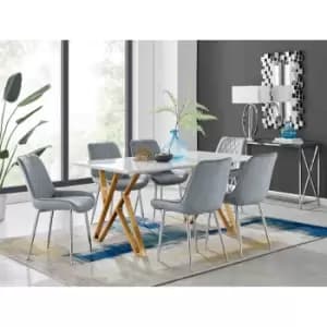 Furniture Box Taranto White High Gloss Dining Table and 6 Grey Pesaro Silver Leg Chairs