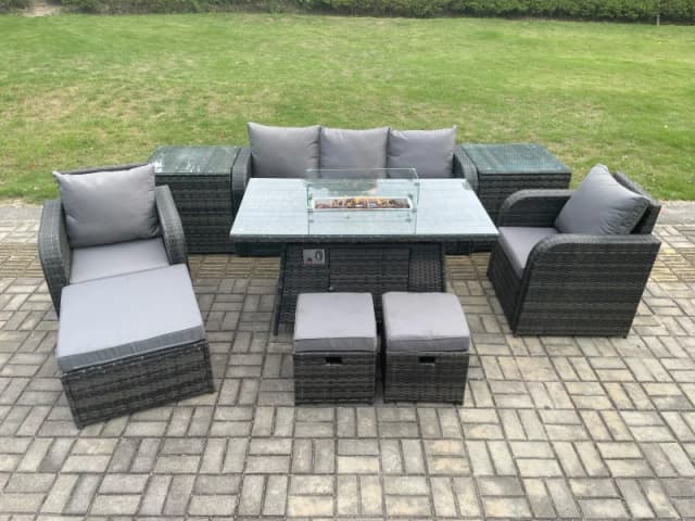 Fimous Wicker Rattan Garden Furniture Sofa set Gas Fire Pit Dining Table Indoor Outdoor with 2 Side Table Chair 3 Footstools Dark Grey