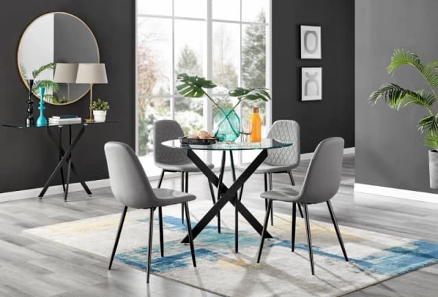 FurnitureboxUK FurnitureboxUK Novara 4 Seater Black Leg Round Glass Dining Table & 4 Corona Faux Leather Black Leg Chairs in Grey Grey One Size Unisex