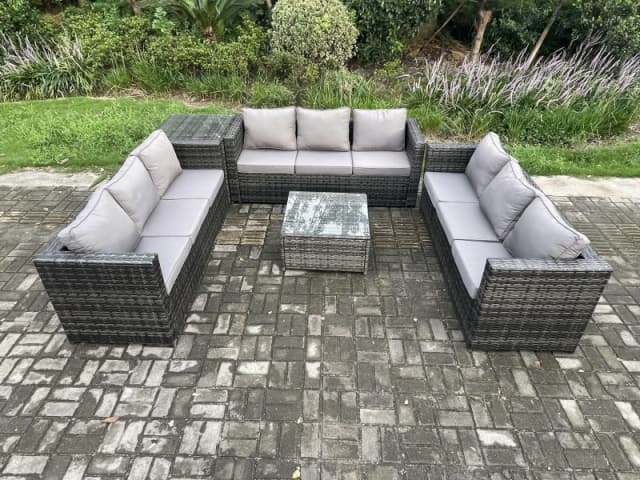 Fimous Rattan Garden Furniture Set 9 Seater Patio Outdoor Lounge Sofa Set with Side Table Square Coffee Table Dark Grey Mixed Dark Grey