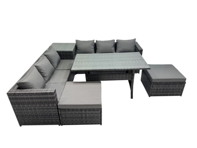 Fimous 8 Seater Garden Rattan Furniture Set with Side Table 2 Big Stool in Dark Grey Dark Grey Unisex