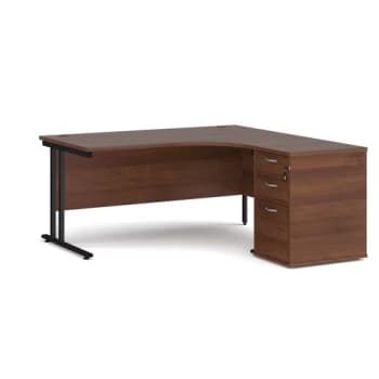 Office Desk Right Hand Corner Desk 1600mm With Pedestal Walnut Top With Black Frame Maestro 25