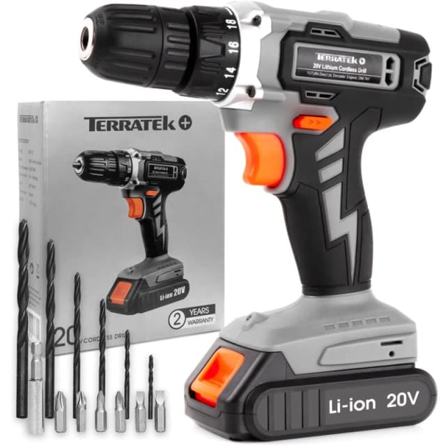 TERRATEK Terratek 18V Cordless Drill Driver Electric Screwdriver Bit Set, LED Light, Battery & Charger Included TP20CD