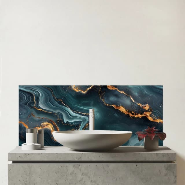 Warren Reed - Designer Gold, Blue Marble Effect Glass Bathroom Splashback Blue Unisex