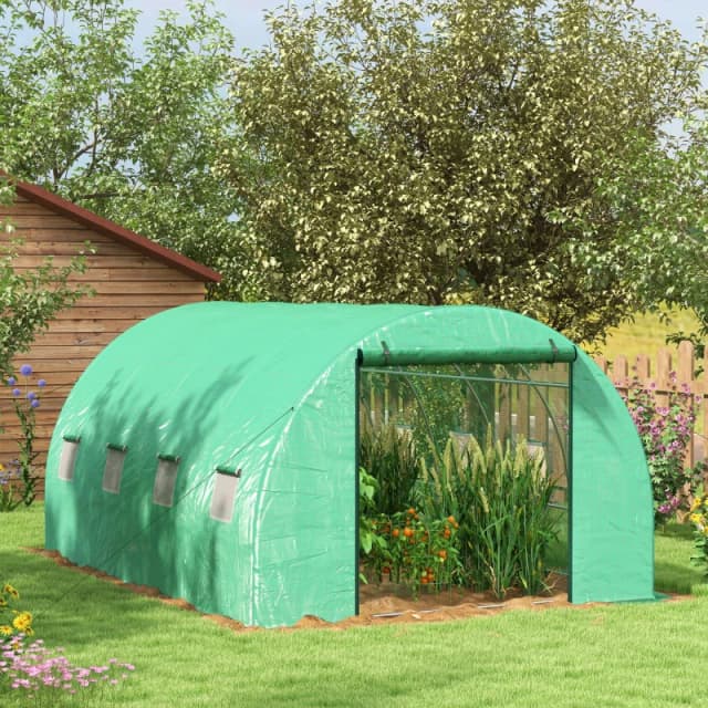Outsunny Polytunnel Greenhouse with Sprinkler System, Walk-in Green House for Garden with Wide Roll-up Door, 6 Mesh Windows, Green 4 x 3(m) - Green -
