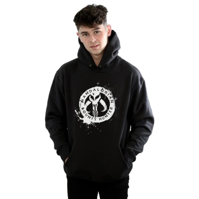 Star Wars Star Wars Men The Mandalorian Bounty Hunter Splatter Skull Hoodie in Black Size: Small Black S Male 5059400114164