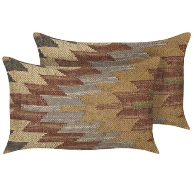 Beliani Set Of 2 Decorative Cushions Deepor Jute 30 X 50 Cm Multicolour Oriental Pattern