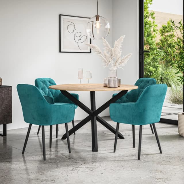More4Homes Malvern Round Dining Table And Chairs - Oak Table Top W Solid Black Oak Legs + Anika Velvet Dining Chair Set Of 4 (Blue)