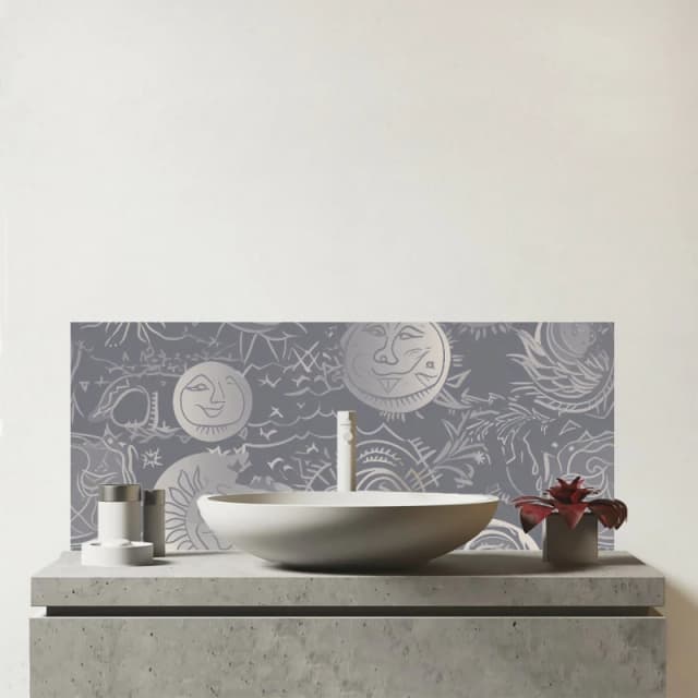 Warren Reed - Designer Sun & Moon in Grey Glass Bathroom Splashback Grey Unisex