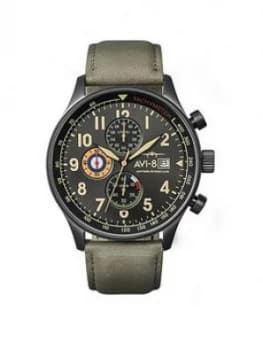 AVI-8 AVI-8 Hawker Hurricane Black Date Dial Brown Leather Strap Mens Watch, One Colour, Men