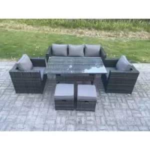 Fimous 5 Seater Outdoor Dark Grey Rattan Lounge Complete Sofa Set with Regular Dining Table and 2 Stools