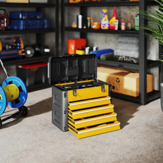 HOMCOM HOMCOM 4 Drawers Large Tool Box, Steel Toolbox with Handle, Yellow Yellow One Size Unisex 5063603716605