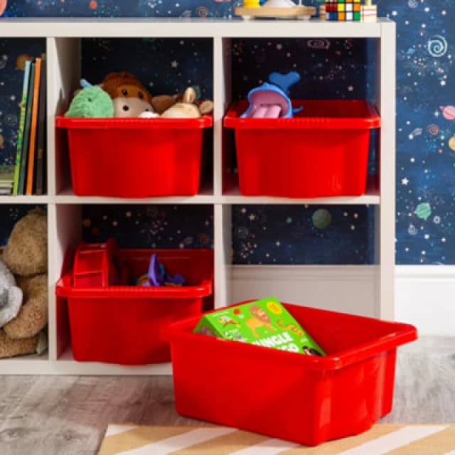 Wham Stack & Store 4X 16L Plastic Storage Boxes. Ideal For Toys, Classrooms & Playrooms. Integrated Handles. Red