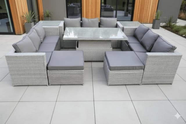 Fimous 11 Seater PE Rattan Garden Funiture Set Adjustable Rising Lifting Table Sofa Dining Set with 2 Side Tables Light Grey