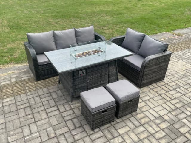Fimous PE Wicker Outdoor Rattan Garden Furniture Set Propane Gas Fire Pit Table and Sofa set with 2 Small Footstools Dark Grey