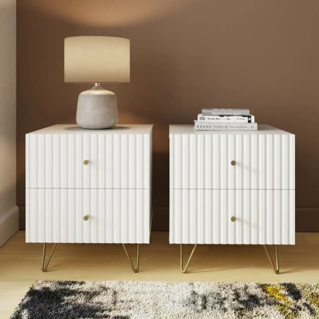 GFW Thalia White Ribbed Pair of 2 Drawer Bedside Tables