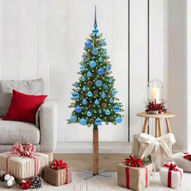 vidaXL Slim Christmas Tree with Blue Balls Green 150cm PVC and Solid Pine wood, Green 3394858