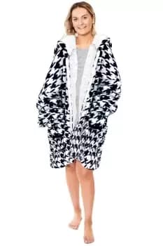 Zip Up Houndstooth Oversized Sherpa Fleece Hoodie Blanket