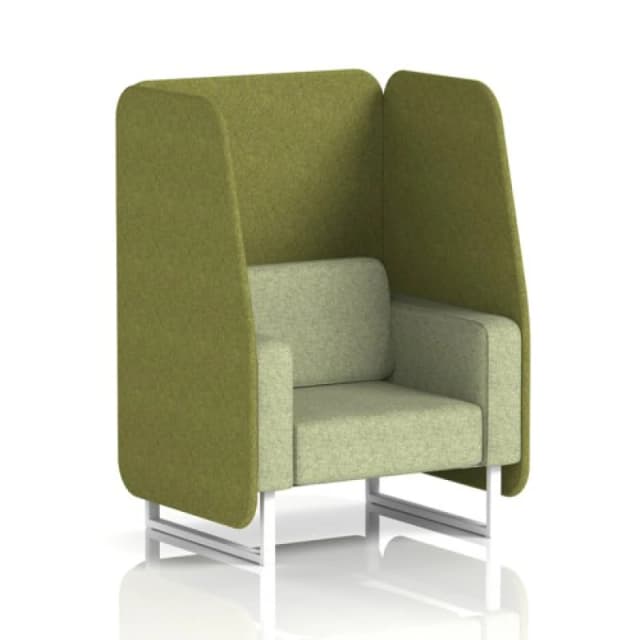 Brixworth 1 Seater Open Office Booth with White Legs in Rivet Fabric - Olive Panels and Burnish Sofa