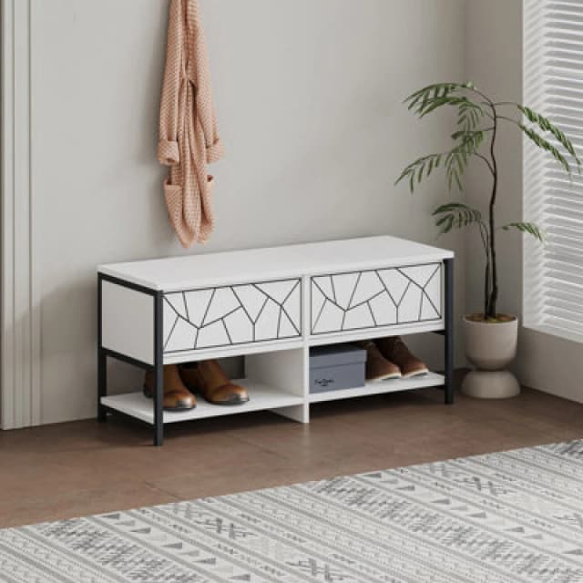 Decortie Modern Inola Shoe Bench White Engineered Wood Geometric Laser-Cut Shape On 2-Door Cupboard 105(W)Cm Metal Legs Hallway