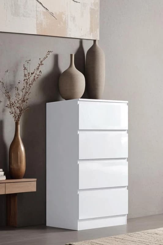 FWStyle White Gloss 4 Drawer Chest Of Drawers Bedroom Storage Furniture White