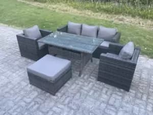 Fimous 5 Seater Outdoor Dark Grey Rattan Lounge Complete Sofa Set with Large Dining Table and Big Footstool