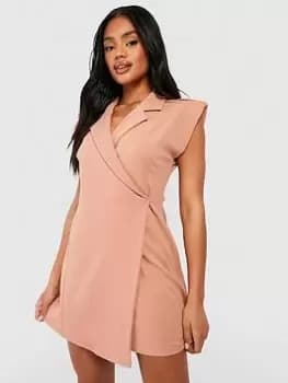 Boohoo Crepe Sleeveless Wrap Front Blazer Dress - Camel, Brown, Size 10, Women