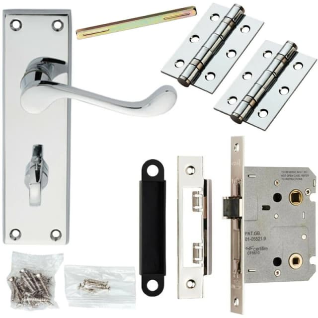 Loops Door Handle & Bathroom Lock Pack Chrome Victorian Scroll 150 x 43mm Backplate Multi