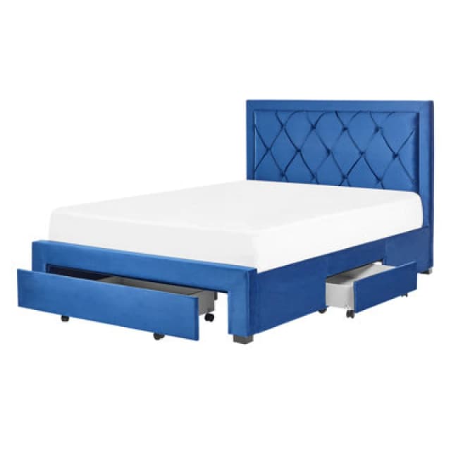 Beliani Bed With Storage Drawers Velvet Lievin 140 X 200 Cm (Eu Double) Navy Blue