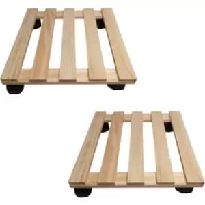 Samuel Alexander - 2 Pack of 28cm Square Wooden Garden Plant Pot Flower Trolley Stand On Wheels