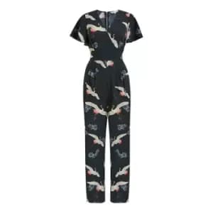 Yumi Black Crane Print Jumpsuit - Black