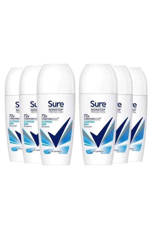 Sure Women Motion Sense 'Deodorant Roll-on' 72H Nonstop, Cotton Dry, 6x50ml White female