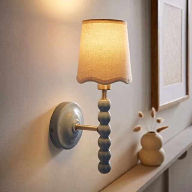 ValueLights ValueLights Bobbins Pastel Bobble Wall Light and Natural Linen Trim Lamp Shade in Pale Blue Pale Blue One Size Unisex 5059406067778