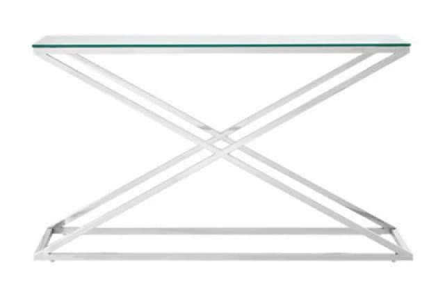 Orsina Glass Top Criss Cross Console Table, Stainless Steel And Glass Console Table, Contemporary Hallway Table