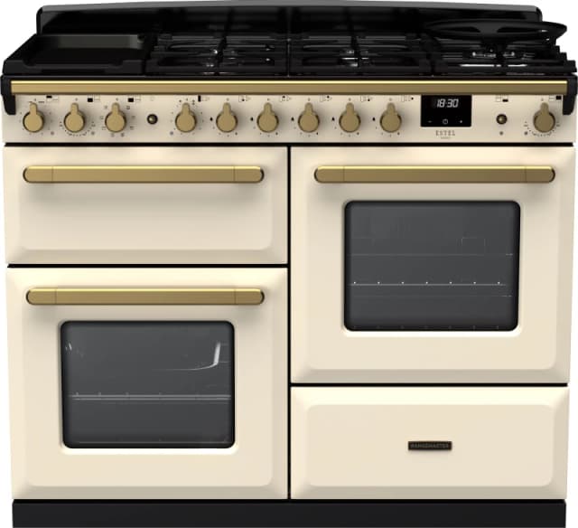 Rangemaster Estel Deluxe ESDLO110DFPPCR/AB1 110cm Dual Fuel Range Cooker - Cream / Antique Brass - A/A Rated