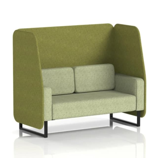 Brixworth 2 Seater Open Office Booth with Black Legs in Rivet Fabric - Olive Panels and Burnish Sofa