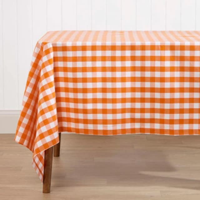 Homescapes Block Check Cotton Gingham Tablecloth, 137cm x 137cm Orange