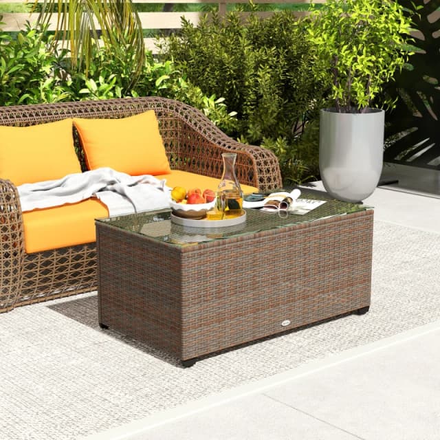 Outsunny Outdoor Coffee Table, Glass Top Rattan Side Table, Brown Brown