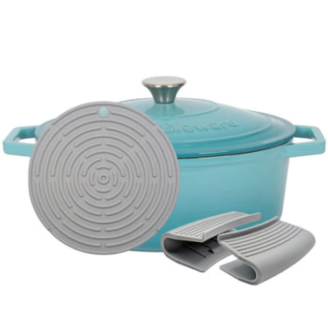 Argon Tableware Oval Cast Iron Casserole Dish - 4.68L Teal Enamel Finish, Oven Safe Dutch Oven Cookware With Lid
