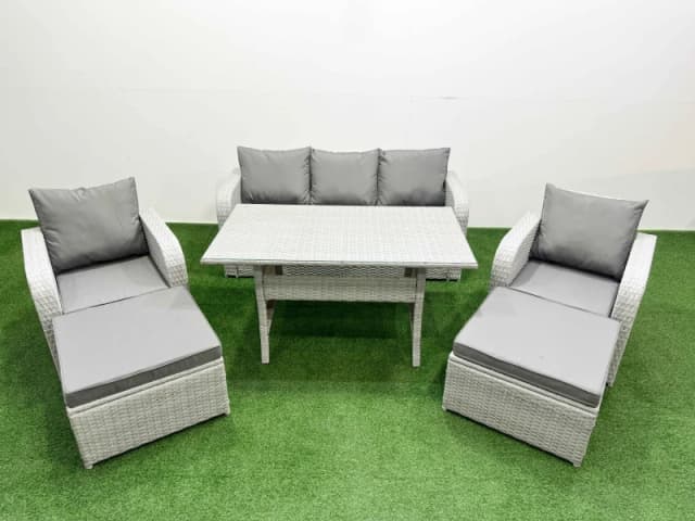 Fimous PE Rattan Garden Furniture Set Reclining Chair Sofa Lounge Sofa Set Rectangular Dining Table 2 Big Footstool Light Grey Light Grey