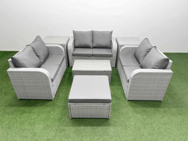 Fimous 7 Seater PE Wicker Rattan Furniture Sofa Sets with Rectangular Coffee Table 2 Seater Love Sofa Big Footstool 2 Side Table Light Grey Light Grey