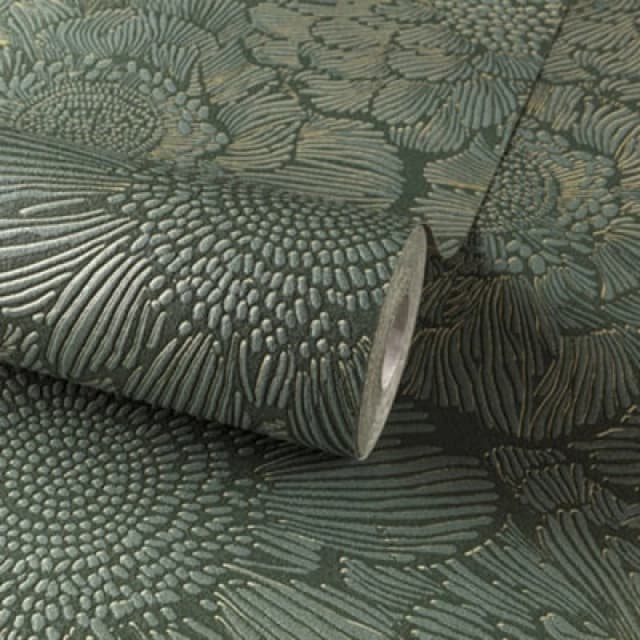 Grandeco Flora All Over Modern Florals Blown Vinyl Wallpaper, Green