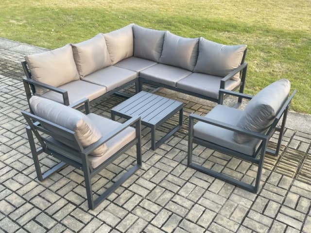Fimous Outdoor Garden Furniture Set Aluminium Lounge Sofa Square Coffee Table Sets with 2 Pcs Chair Indoor Conservatory Set Dark Grey Dark Grey Unisex