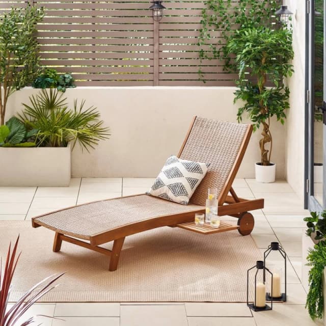FurnitureboxUK Nata Sun Lounger - Solid Wood Brown Rattan and Black Metal with Adjustable Back Light Beige
