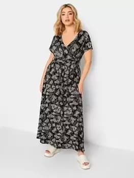 Yours Floral Wrapped Neck Dress, Black, Size 18, Women