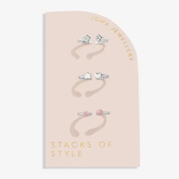 Joma Jewellery Stacks Of Style Pink Enamel Silver Plated Set Of 3 Ring
