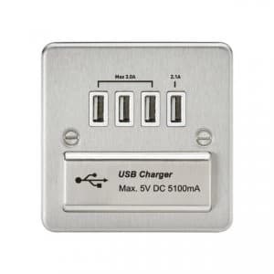 Flat Plate Quad USB charger outlet - Brushed chrome with white insert